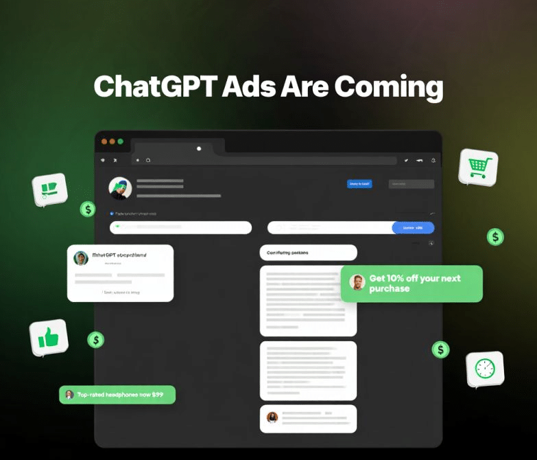 Concept illustrating advertisements in ChatGPT and AI models